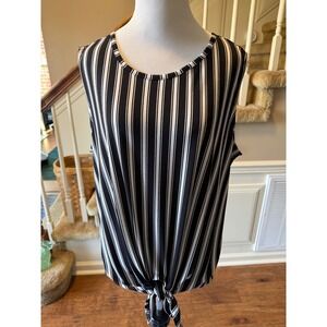 Adrianna Papell Womens Black White Striped Tie Front Sleeveless Blouse Size L